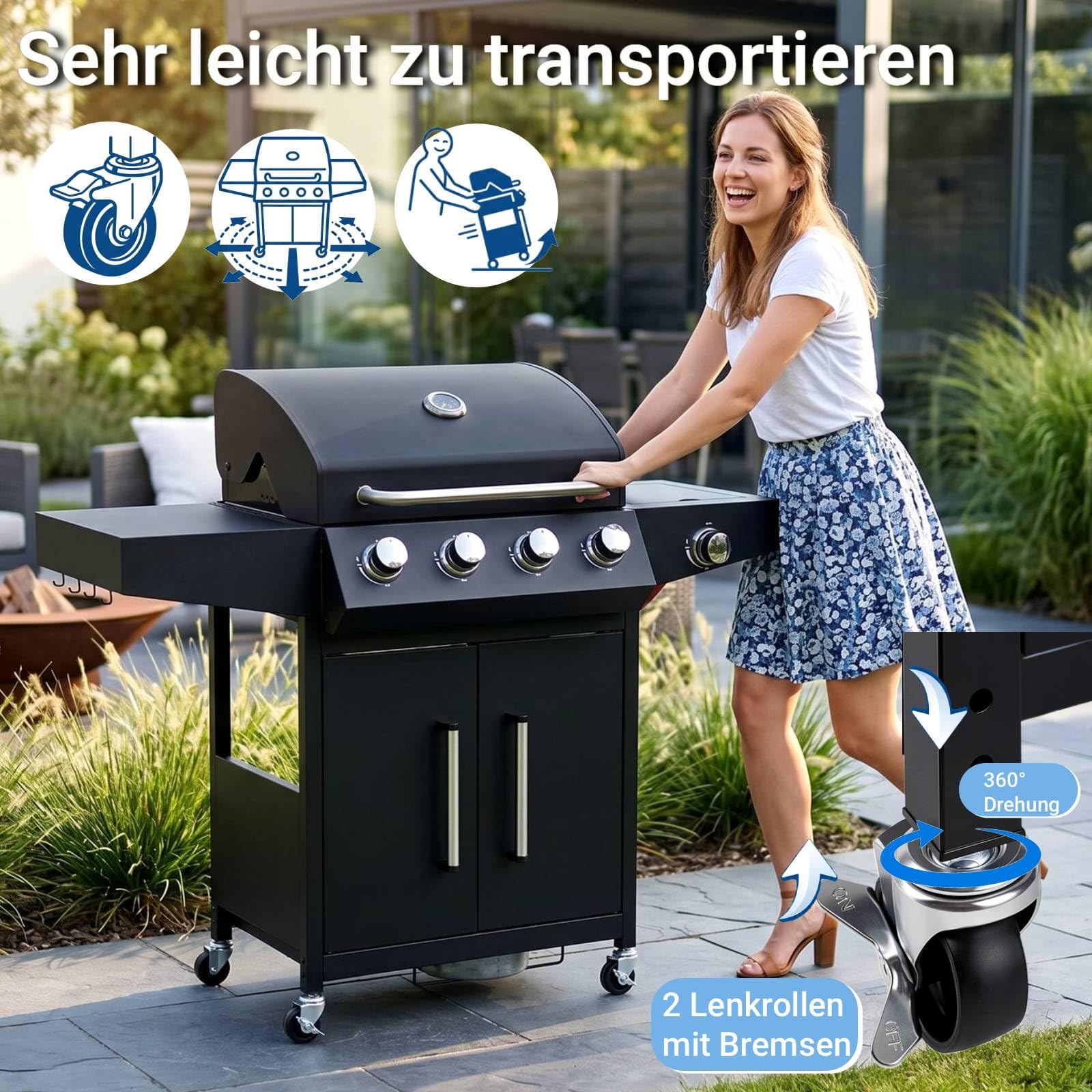TLSUNNY Gasgrill 4+1 Brenner 15 kW, BBQ Grillwagen Gas mit Seitenkochfeld, Gasgriller Outdoor Edelstahl mit Thermometer, 4 PCS Rollen, 60x42 cm Grillrost & Warmhalterost, Grillküche für Balkon, Garden
