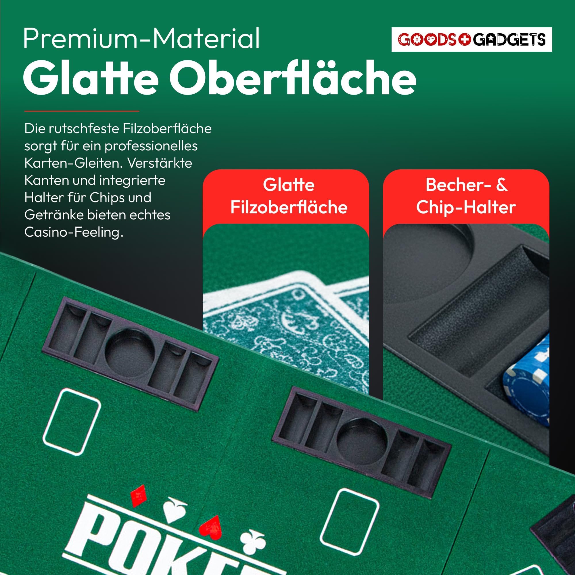 GOODS+GADGETS XXL Pokertisch-Auflage 160 x 80 cm Faltbare Pokerauflage mit Filz, 8 Getränkehaltern, Grün