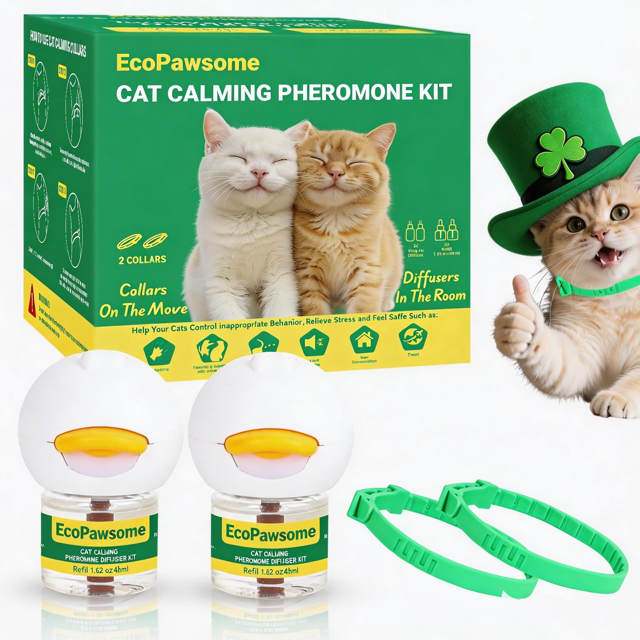 Cat Calming Diffuser and Calming Collar for Cats: Cat Calming Collar - Cat Calming Pheromone Diffuser-St. Patricks Day Cat Collar-Pheromones for Cats (2 Diffusers+2 Refills+2 Collars，Green)