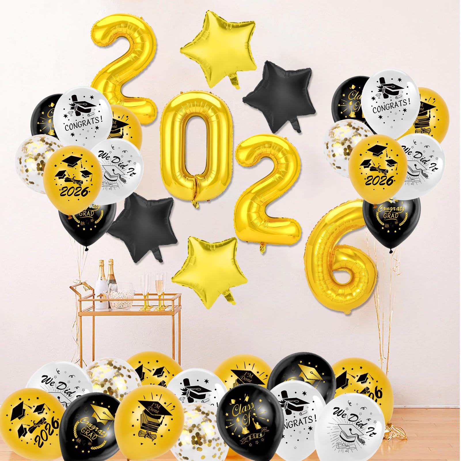 DIELOVEHUA Abschlussballon-Set – 7 Stück Schwarz-gold, Mit Folienballon & Sternen, Perfekte Deko Für Abschlussfeiern, Bachelor, Schulabschluss 2025