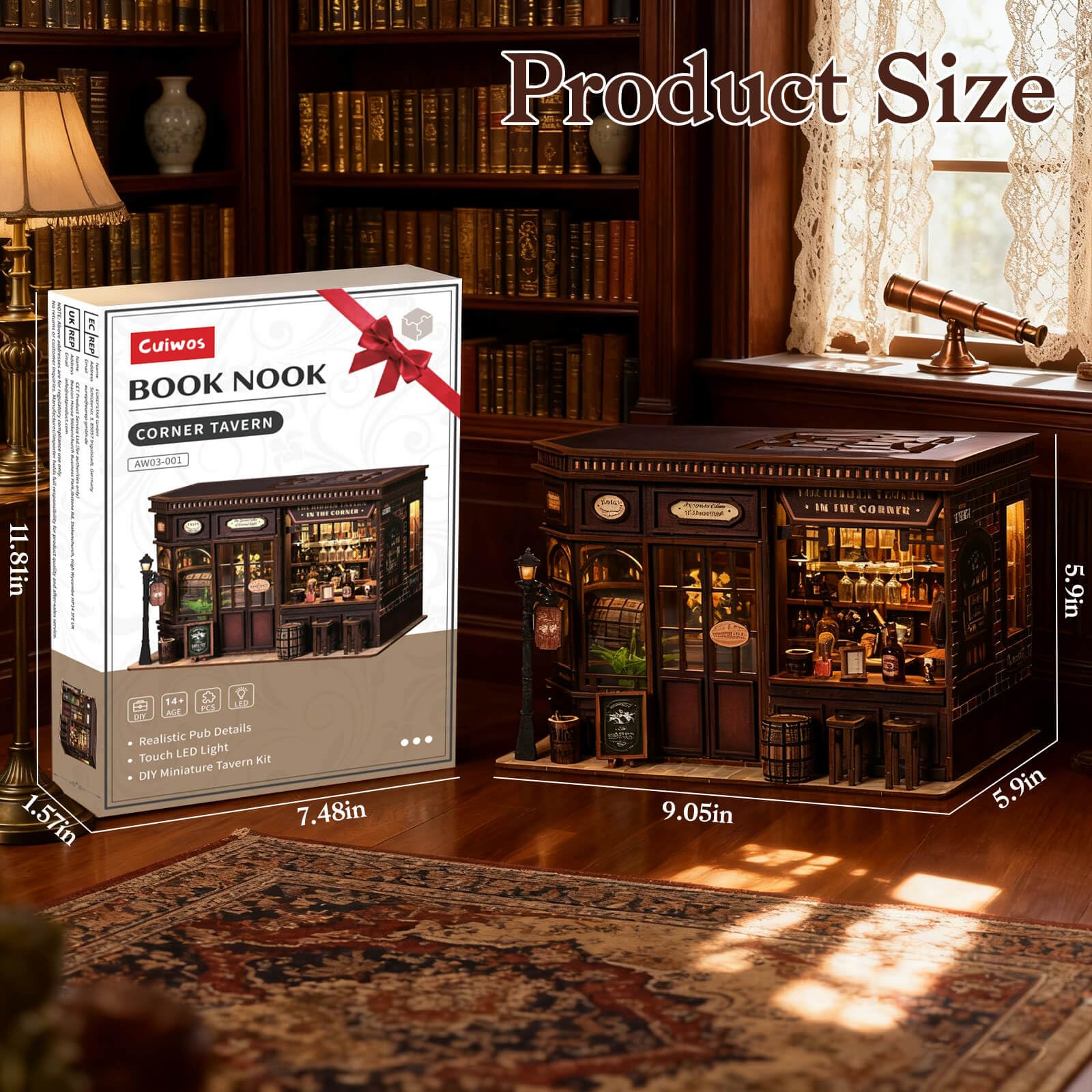 Książka Nook Miniaturowe puzzle do samodzielnego wykonania, drewniane puzzle z narożną tawerną, 3D, domek dla lalek w stylu vintage, pub, z lampkami LED, dekoracja barowa do domu i domu