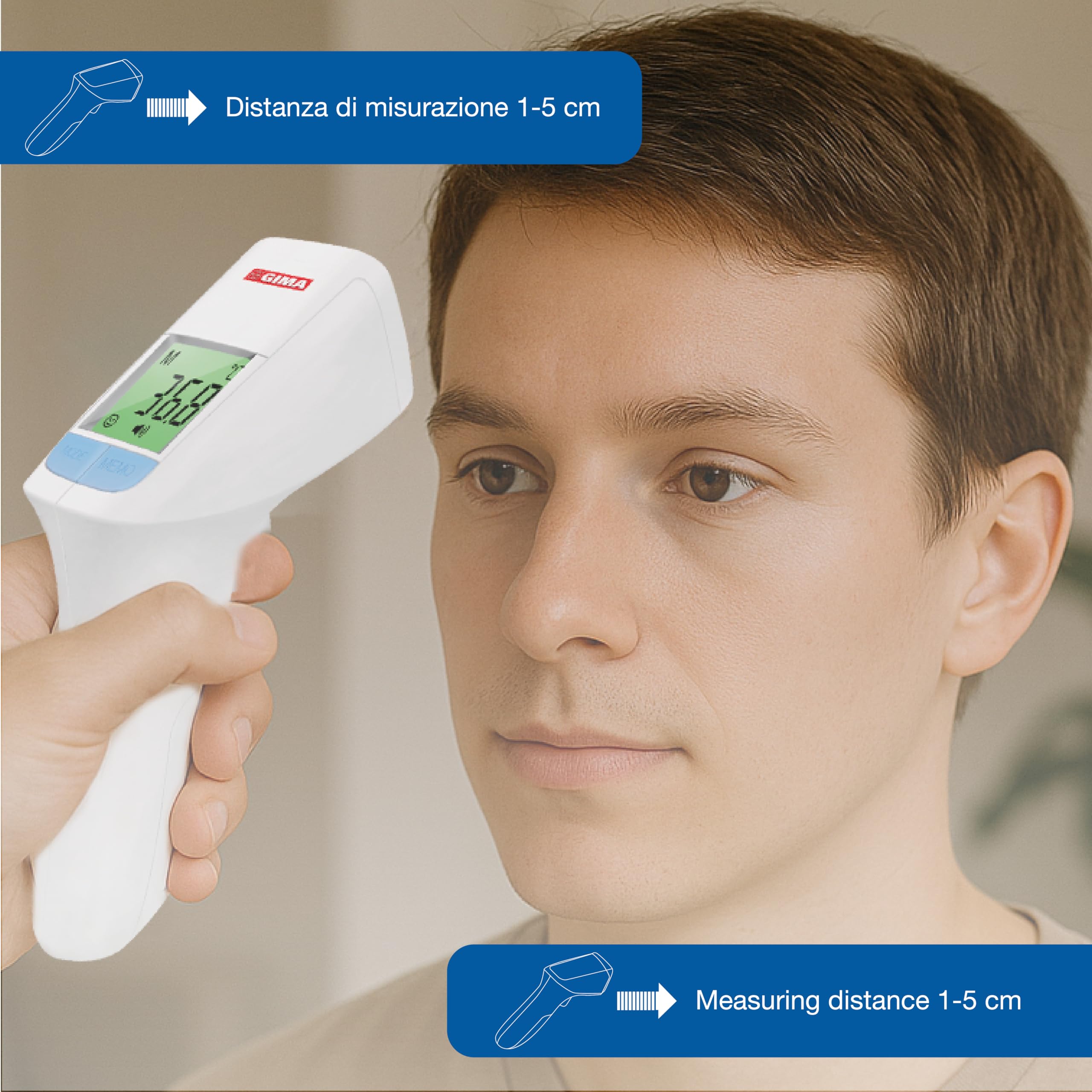 GIMA - GIMATEMP, Termometro Febbre Infrarossi, Termoscanner per Febbre e Termometro Frontale, Senza Contatto, Contact Less, per Corpo e Superfici o Oggetti, per Neonati, Bambini e Adulti, IT,DE,PT,SE