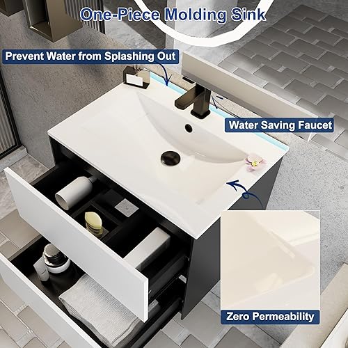 Miniatura 6 de eclife Armario de tocador de baño de 24 pulgadas con fregadero empotrado, armario de baño flotante montado en la pared con colores mezclados, 2