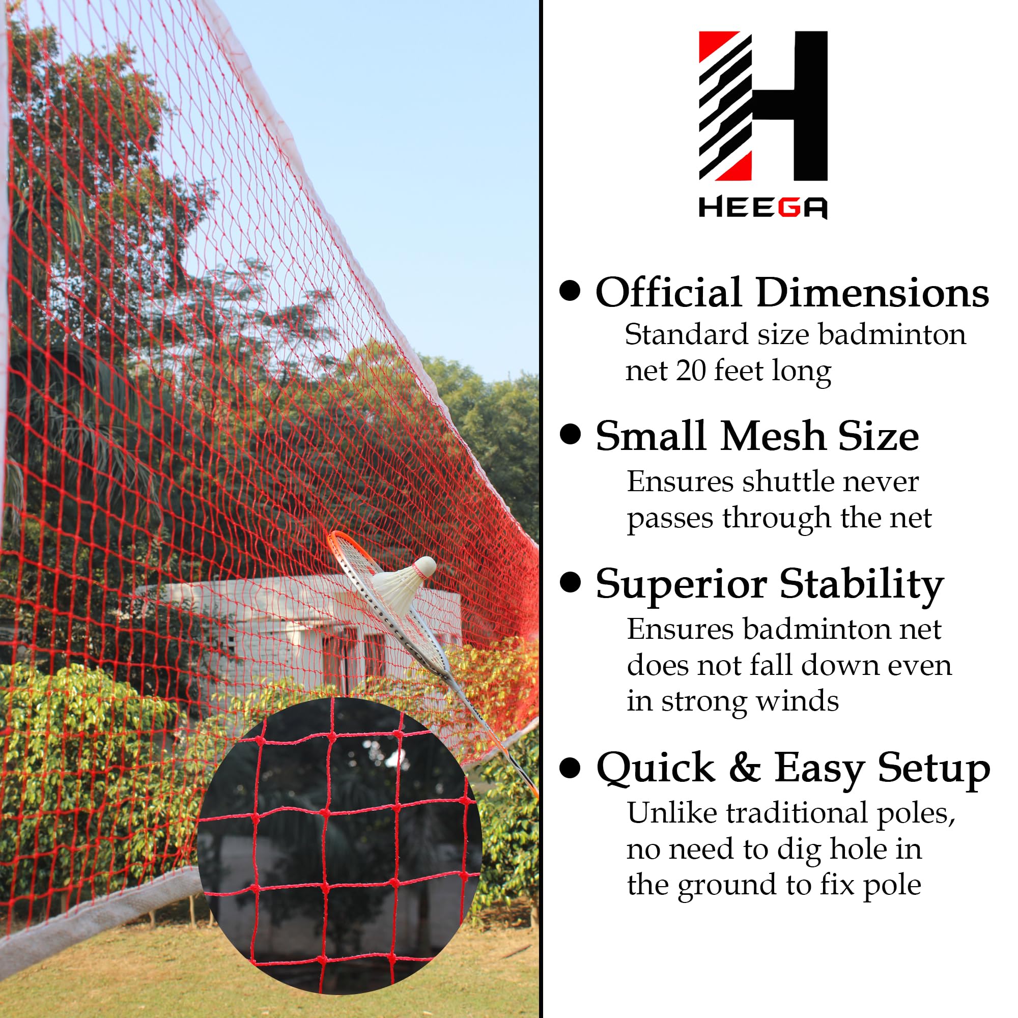 Heega Nylon Badminton Net All-Weather | for Indoor & Outdoor Courts | Professional & Practice Play & Plant safty Perpuse | Tournament-Competition Quality (Pack of 1) 20x2.5 ft (Red) 3