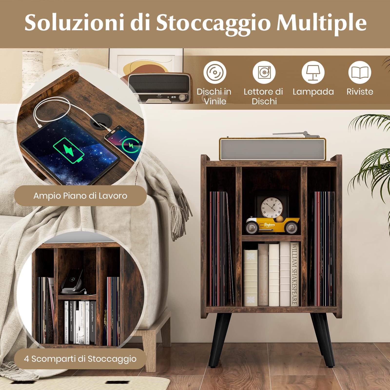 RELAX4LIFE Supporto per Giradischi con Stazione di Ricarica, Porta Vinili con 4 Scomparti Aperti, Espositore per Dischi, Carico Max 90kg per Ufficio, Studio, Camera da Letto (Marrone)