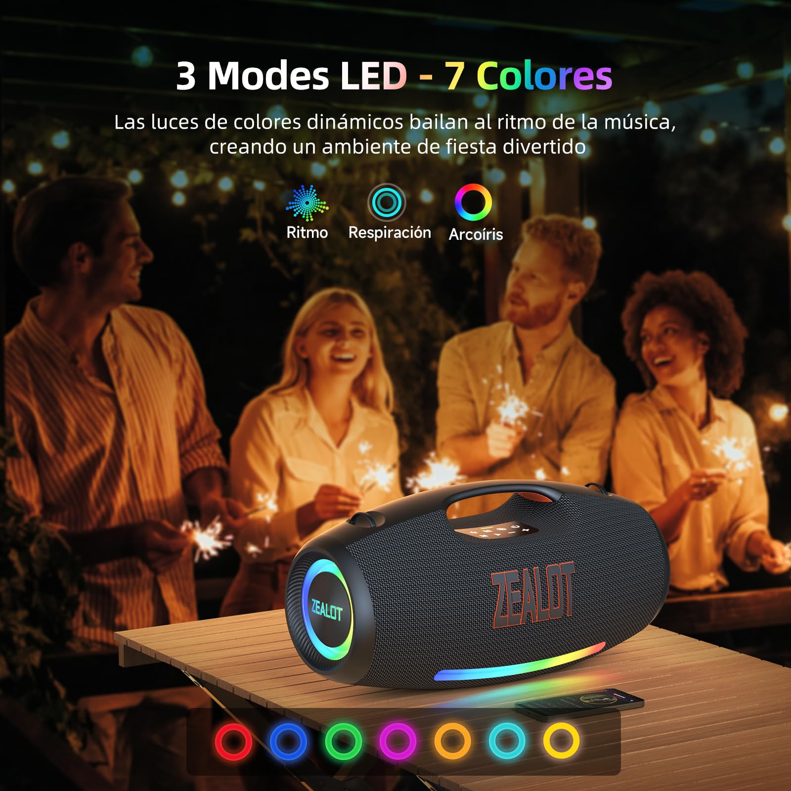 Zealot 250W Altavoz Bluetooth Portáti con Luz LED, Sonido Estéreo, Altavoz Grande con Potente Bass, Autonomía de 40 Horas, Banco de Energía, Bluetooth 5.3 y IPX6 Impermeable para Exterior