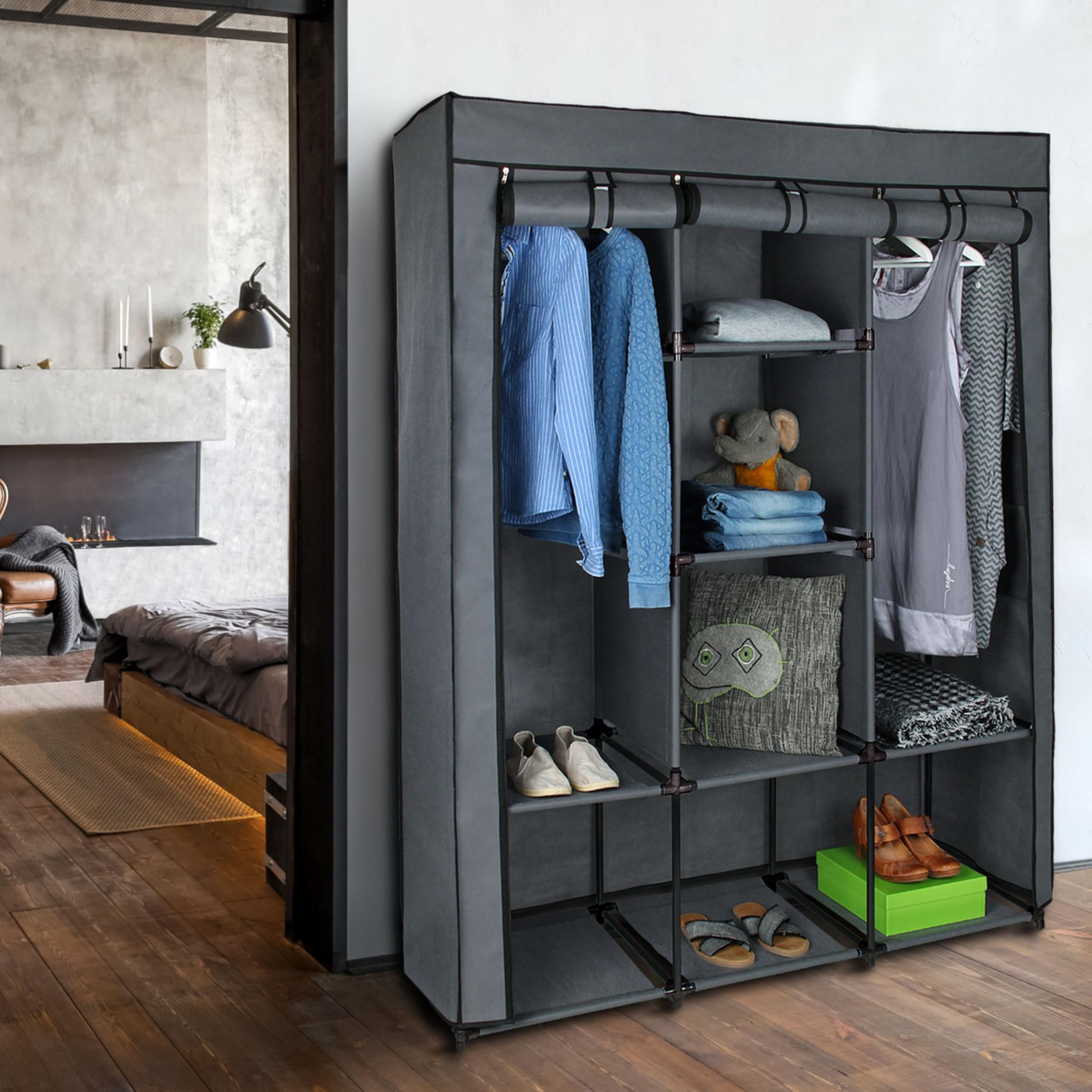 your GEAR Kleiderschrank Grado 130x45x175 cm – Stoffschrank mit 2 Kleiderstangen & 9 Ablagen – Textilschrank XXL Organizer für Schlafzimmer & Kinderzimmer – Faltschrank Garderobe