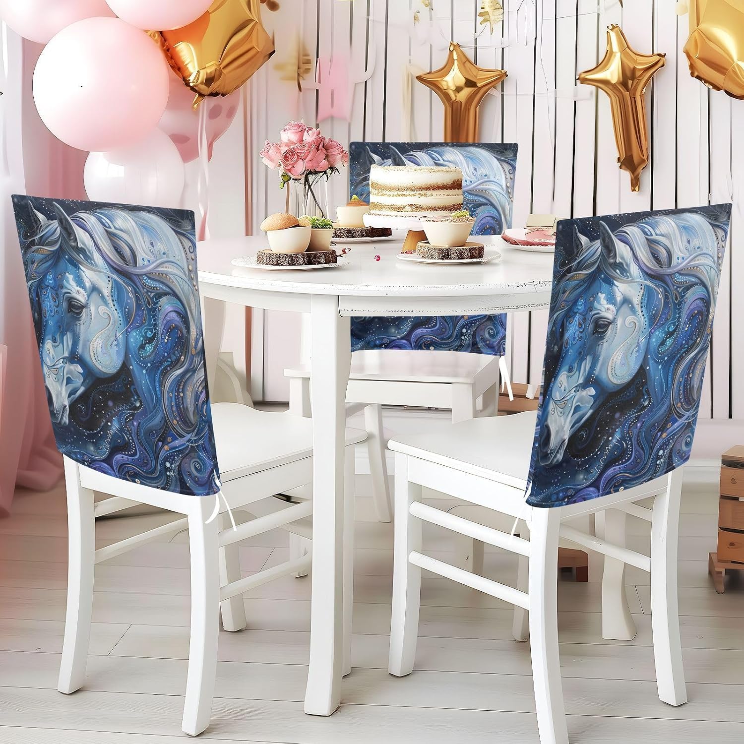 ALAZA Beautiful Blue Horse Chair Back Cover Set of 6, Washable Reusable Removable Chair Slipcovers Decorative Chair Cover for Home Kitchen Wedding Party