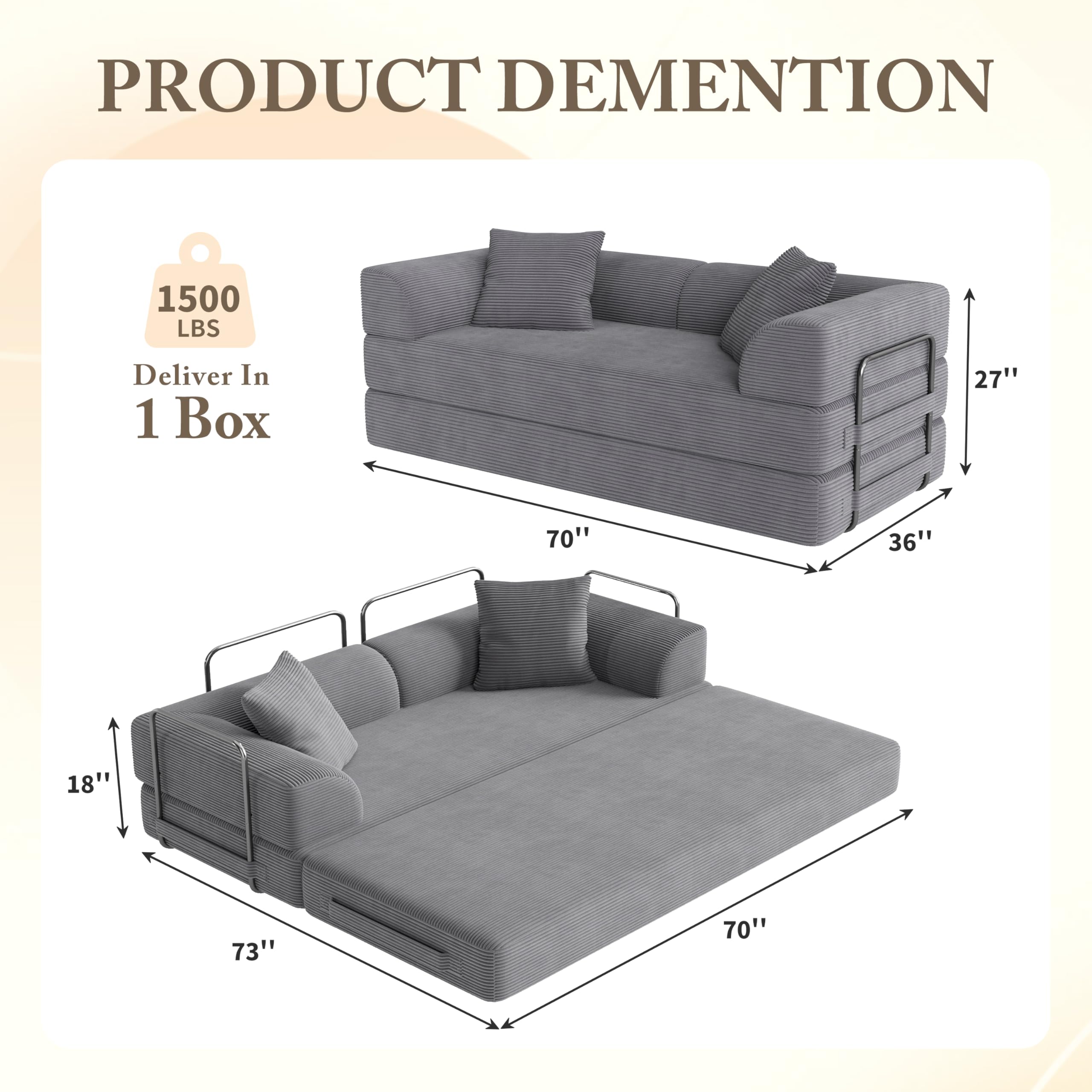Cloud Boneless Couch Futon Sofa Bed, 5-in-1 Convertible Sofa Bed Pull Out Couch Sleeper Sofa Compressed Loveseat, 70" High-Density Sponge & Corduroy Fabric Futon Daybed for Living Room Bedroom (Gray) | 5-in-1 Convertible