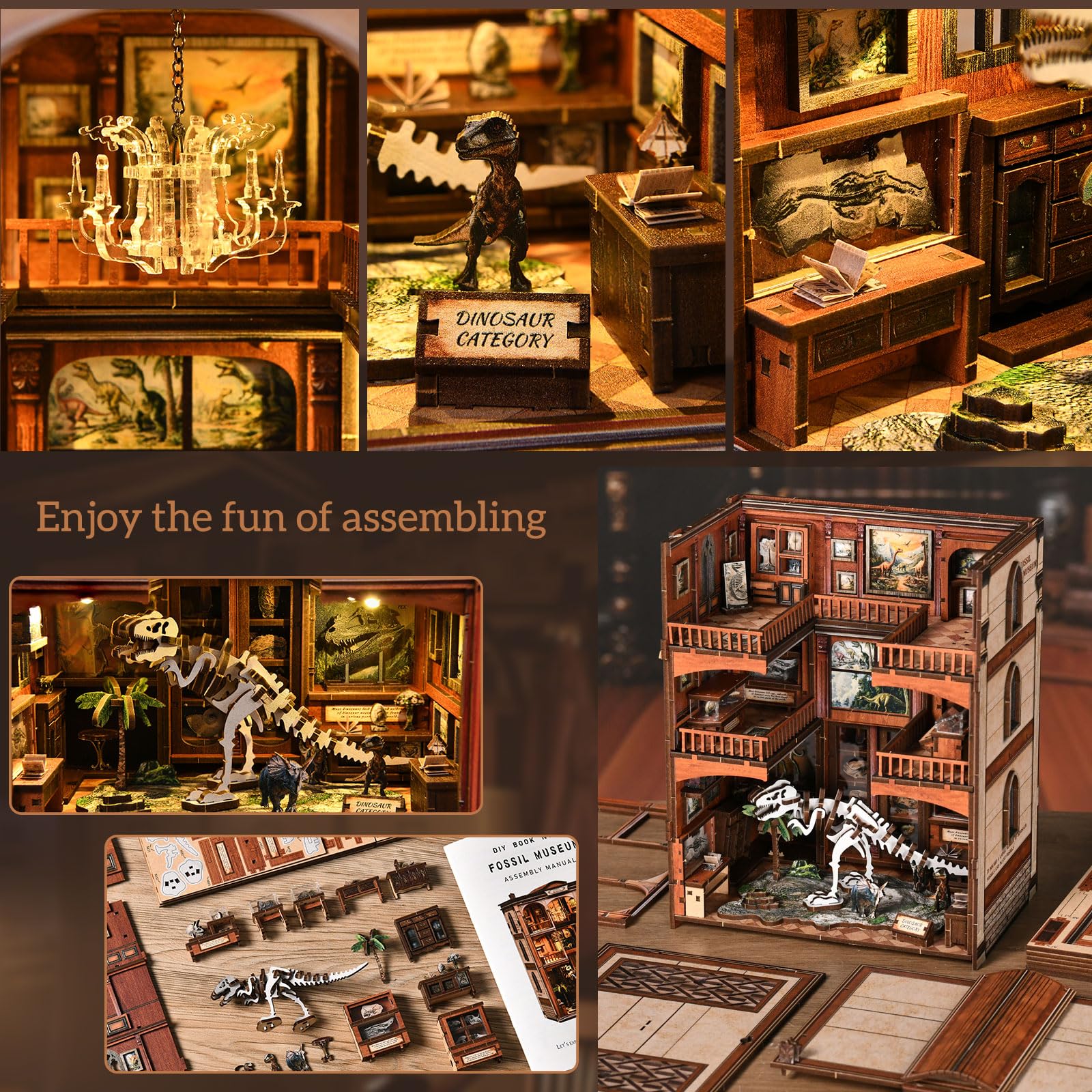 Book Nook Kit – model muzeum skamielin (motyw dinozaurów), miniaturowe drewniane puzzle 3D z oświetleniem LED, zestaw do majsterkowania dla dorosłych, prezent i akcesoria do domu