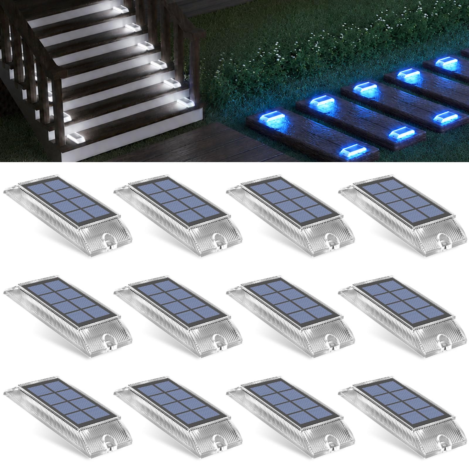 Solar Bodenleuchten Aussen,12 Stück 2-in-1 LED Solarlampen für Außen Garten | Alinana Wasserdichte Solarleuchten für Treppe, Terrasse, Garten, Gartendeko, Weg, Einfahrt und Stufen (Weiß/Blau)