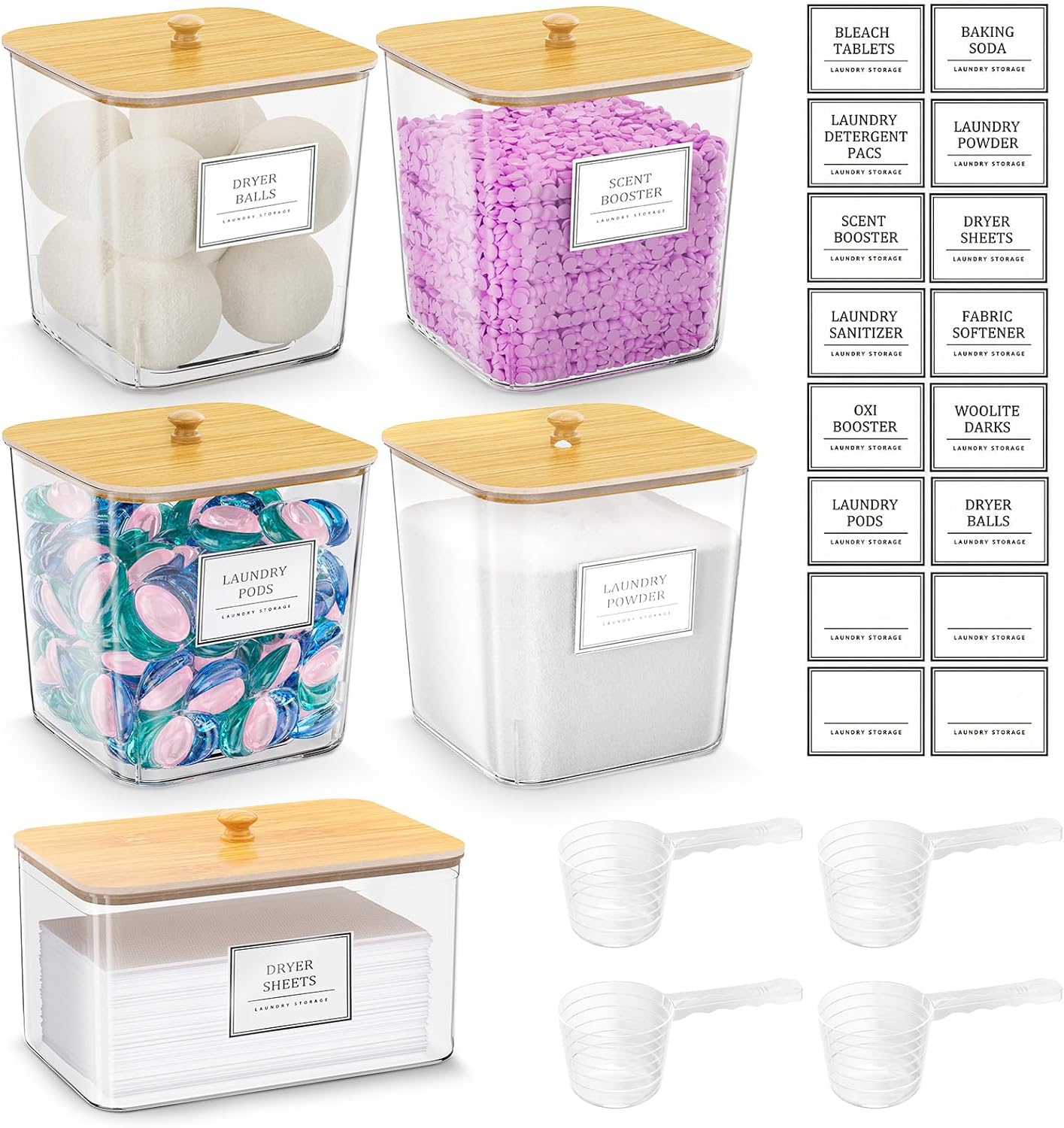 HomePekite Laundry Pods Storage Container, Clear Laundry Room Organization and Storage,Detergent Powder Container,with Wooden Lids & Labels, 3+1 Pack
