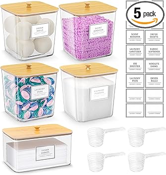 4+1 Pack Laundry Room Organization Containers,Clear Laundry Pods Container,Large Laundry Detergent Powder Storage Containers