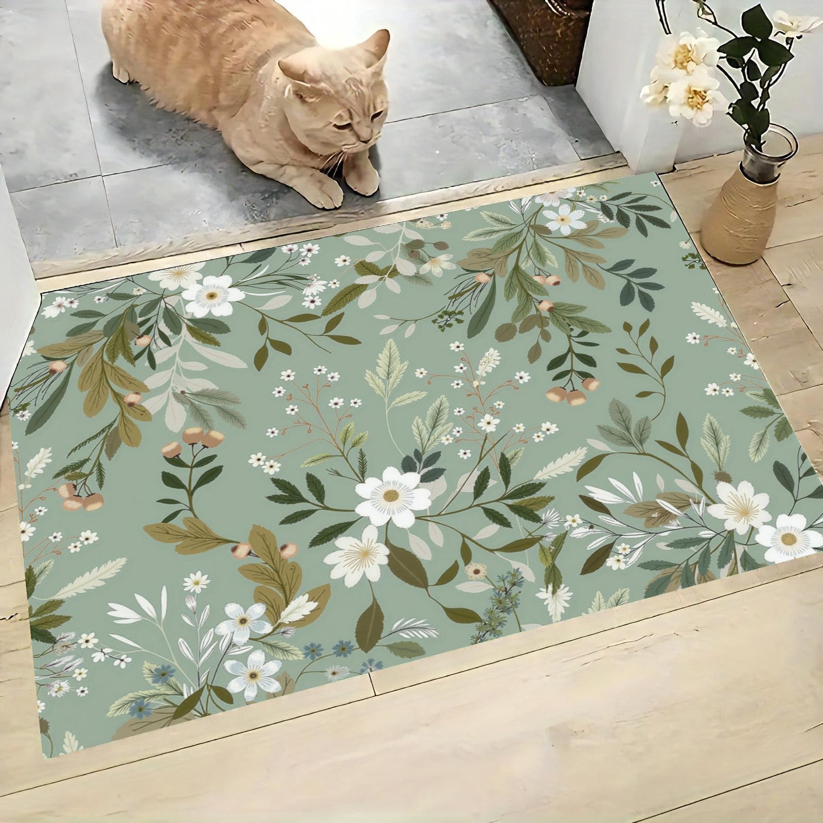 Paillasson antidérapant en TPR lavable 60x90cm avec motif floral vert menthe