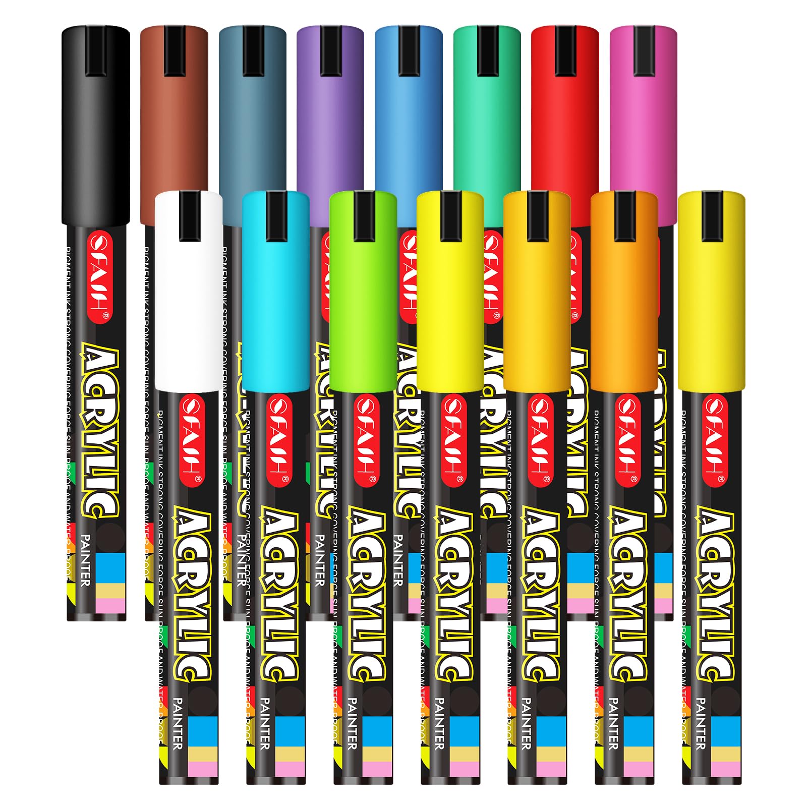 SFAIHAcrylic Creative Markers - 3mm Replaceable Nibs 15 Colors, Large Ink Capacity, Ultra-High Coverage, Non-Bleeding Water-Based Ink, Drawing Markers for Art Supplies, Wood, Fabric, Rock Painting