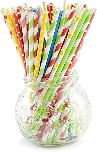 Norpro Pajitas de papel, Fiesta (paquete de 200), 100% biodegradables, colores y patrones surtidos, multicolor