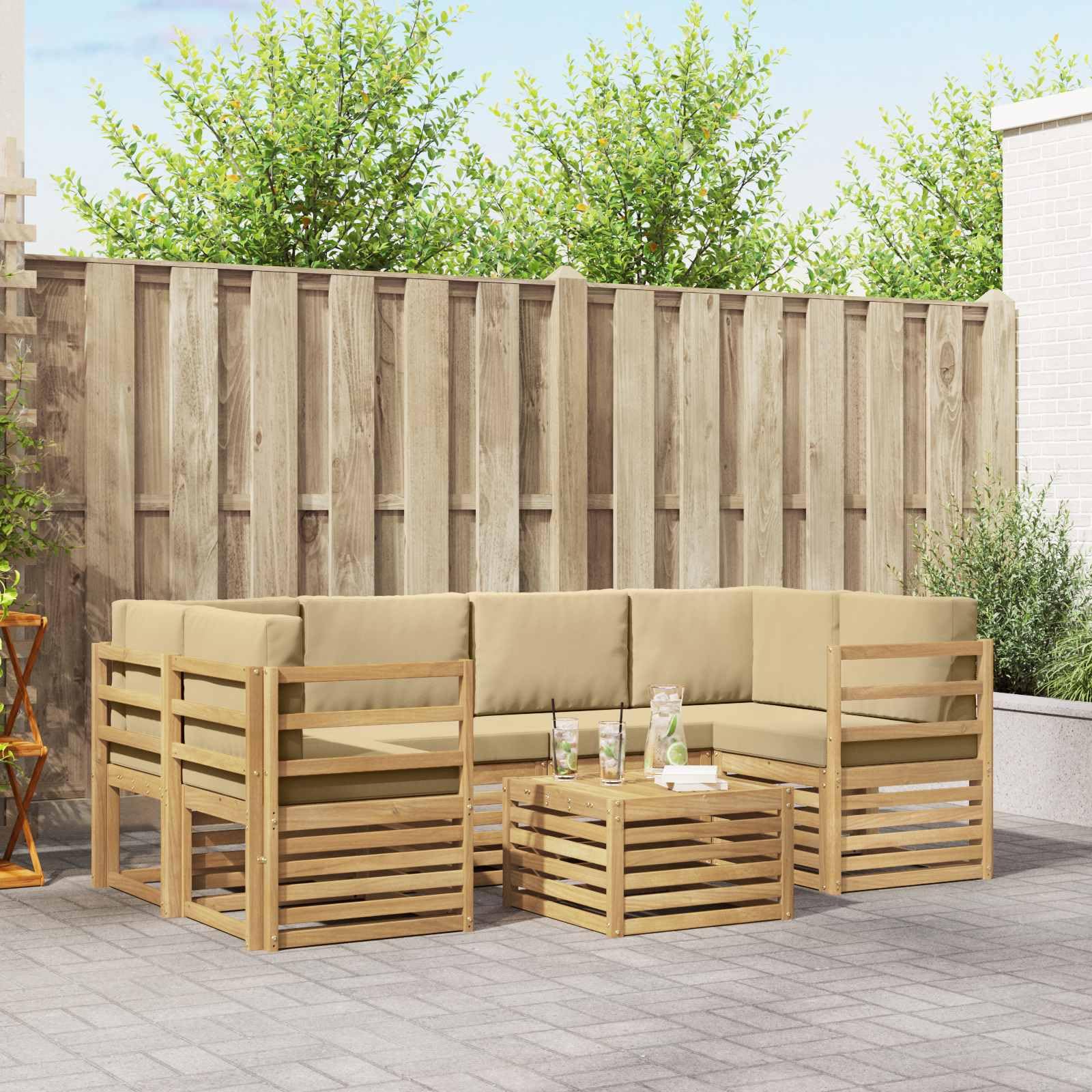 Gartenmöbelset 7-teilig mit Kissen aus wetterfestem Akazienholz für Terrasse, Balkon und Garten, modernes Design, langlebig, leicht zu reinigen, inklusive Tisch, Sofas, Armlehnen und Kissen
