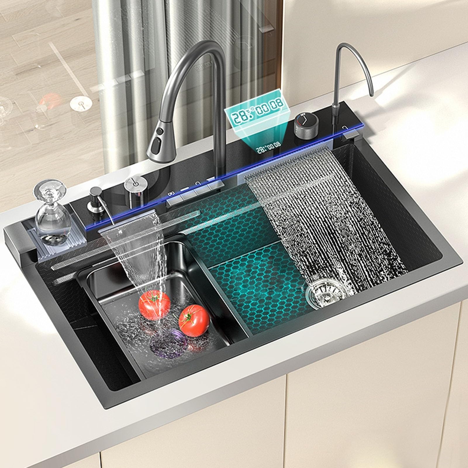 Black Nano Kitchen Sink 304 Stainless Steel Waterfall Sink Single Bowl