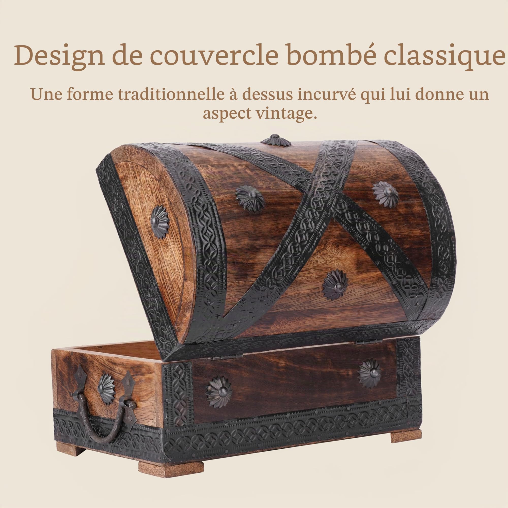 Ajuny Coffre à Bijoux Pirate en Bois de Manguier avec Serrure et Clé, Coffret au Trésor Vintage Fait Main Coquillages, Boîte de Rangement Bijoux Souvenirs Bibelots, 9 x 6 Pouces