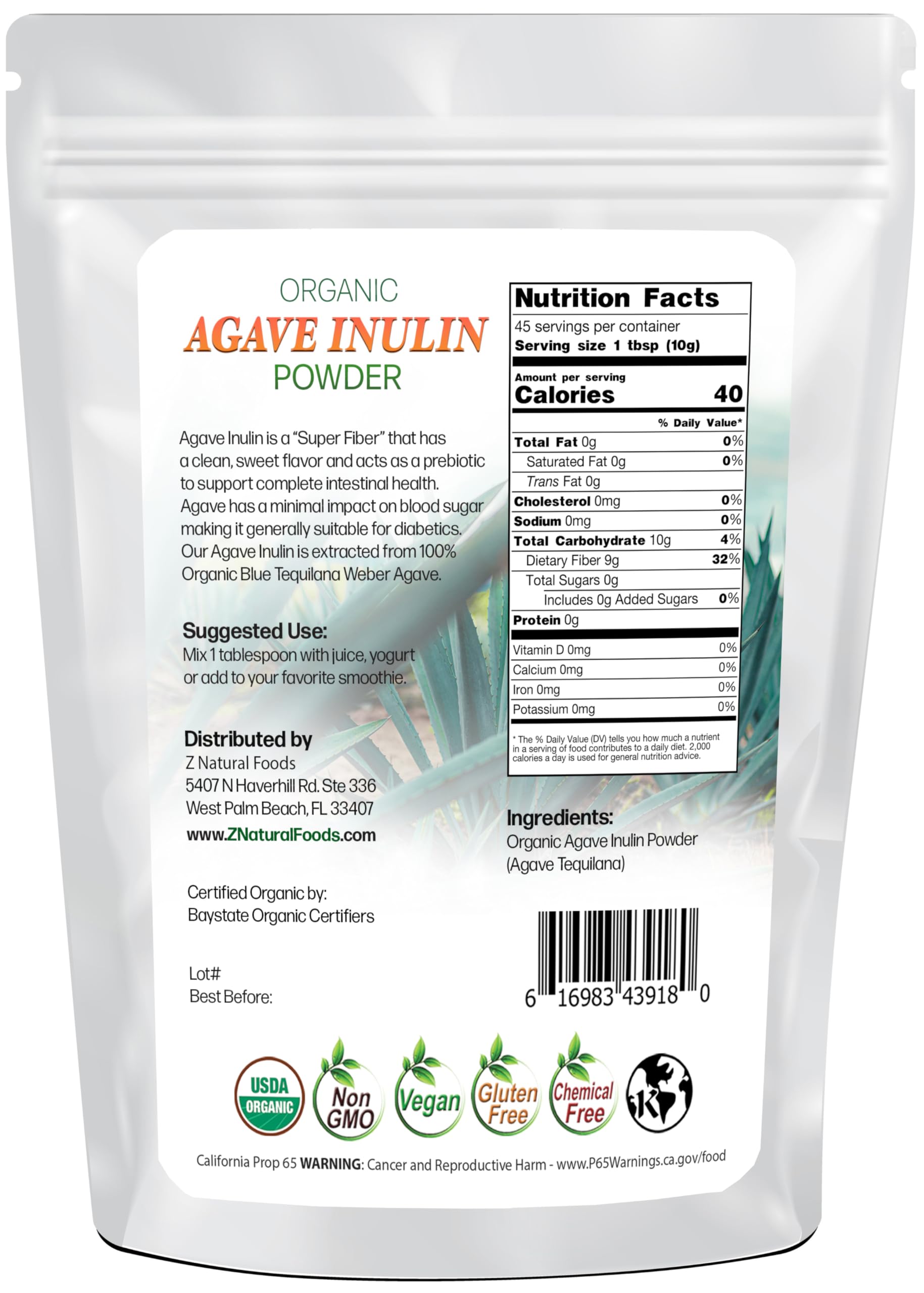 Amazon.com : Z Natural Foods Organic Agave Inulin Powder, Natural Fiber  Supplement, Prebiotic Superfood Powder for Drinks, Smoothies, and Recipes,  Raw, Non-GMO, Vegan, Gluten-Free, Kosher, 1 lb : Health & Household