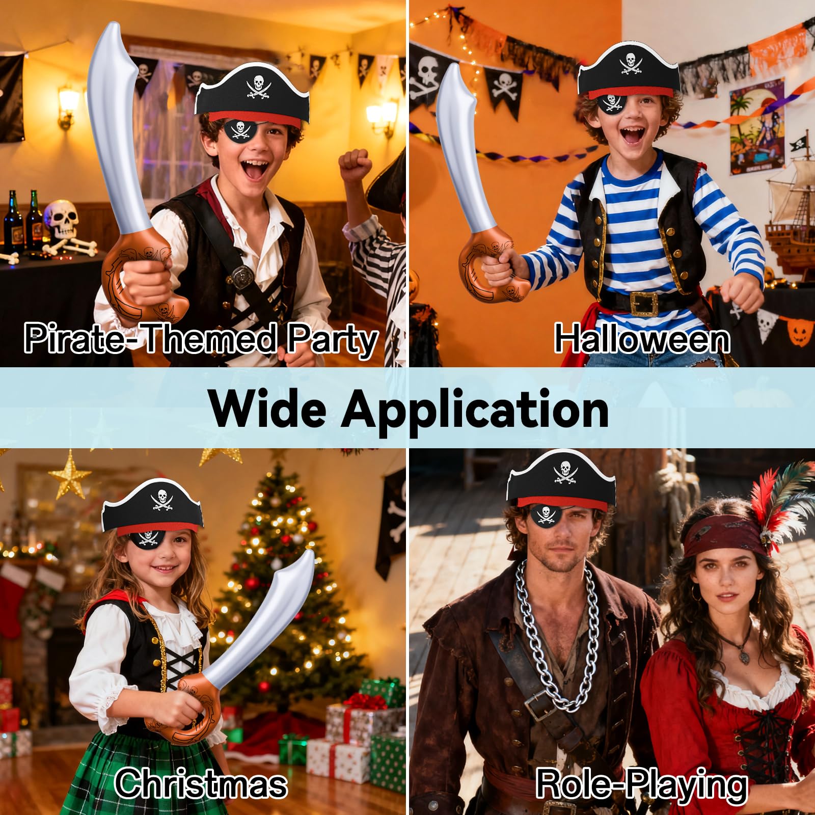 ZeeDix Conjunto de disfraz de pirata para Halloween, incluye sombrero, parche en los ojos, espada, accesorios de pirata, recuerdos de fiesta para niños y niñas