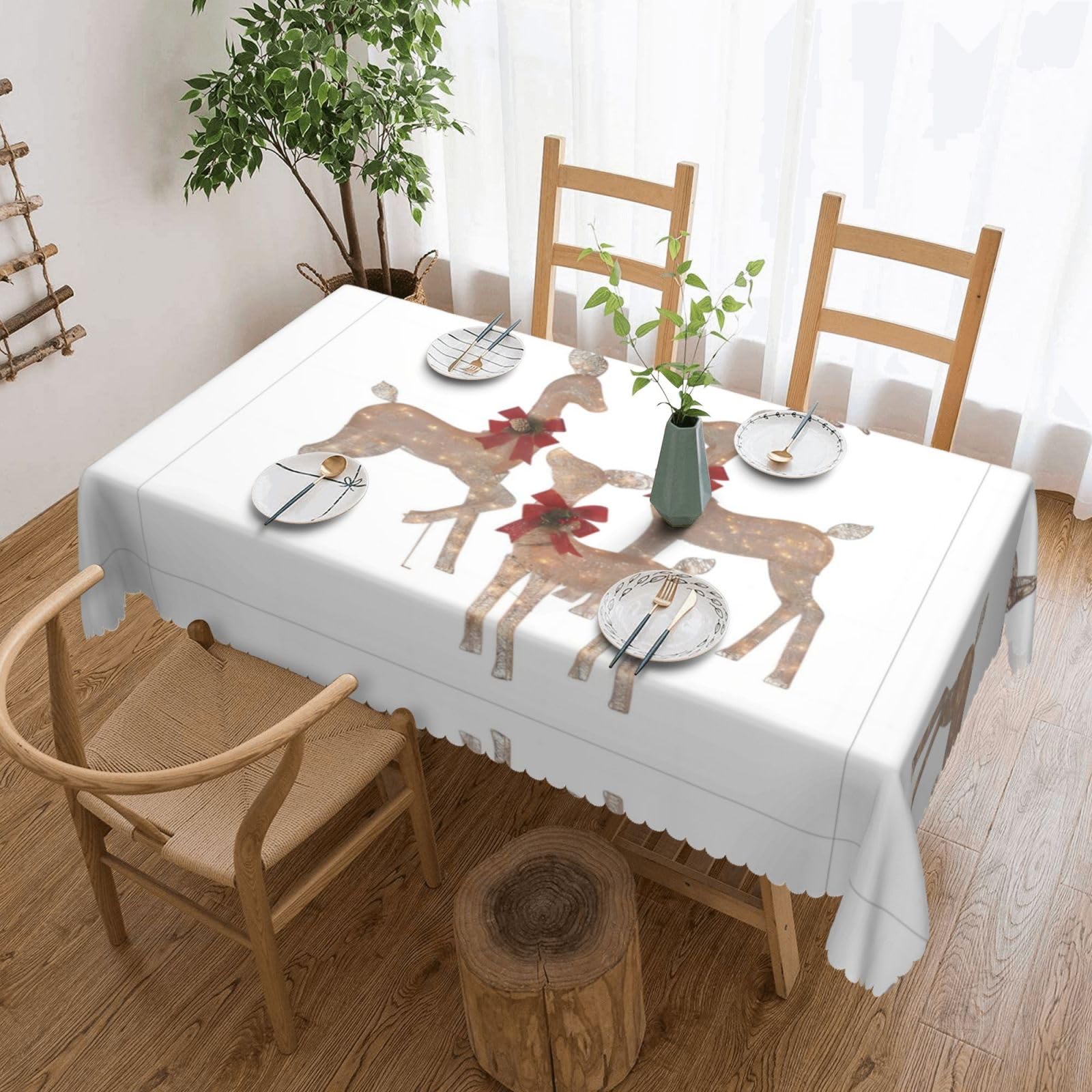 QAZWZML 3 deer Printed tablecloth, made of thick polyester with lace trim, suitable for dining rooms, picnics, and weddings