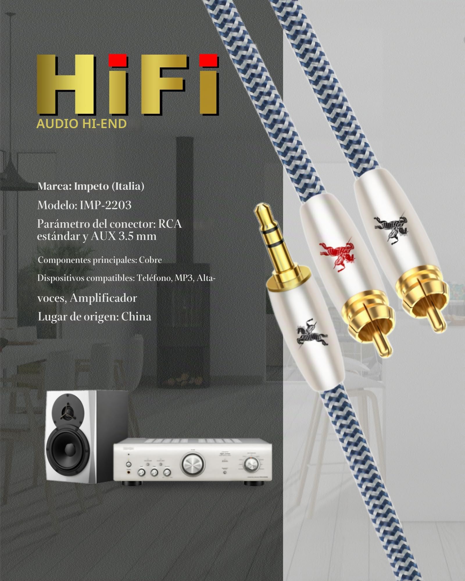Impeto Cable RCA a Jack 3.5 mm mini Jack a 2 RCA Cinch Audiophile Adaptador Y 2 RCA Macho a Minijack Macho HiFi para conectar smartphones, tablets o PC a amplificador - 1m