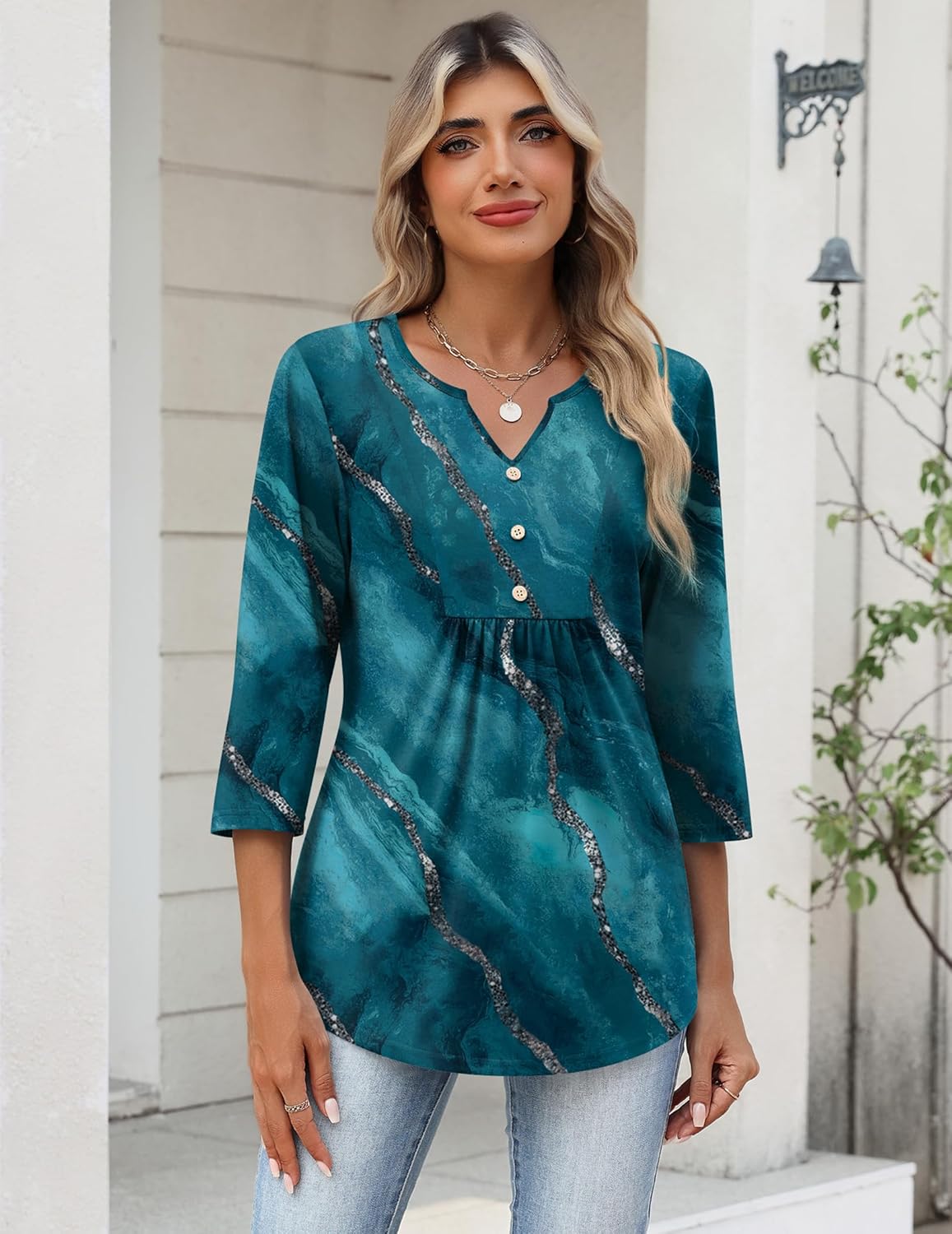 Zeagoo Womens 3/4 Length Sleeve Tops V Neck Dressy Casual T Shirts Pleated Business Work Blouses Basic Tees S-3XL - Image 2