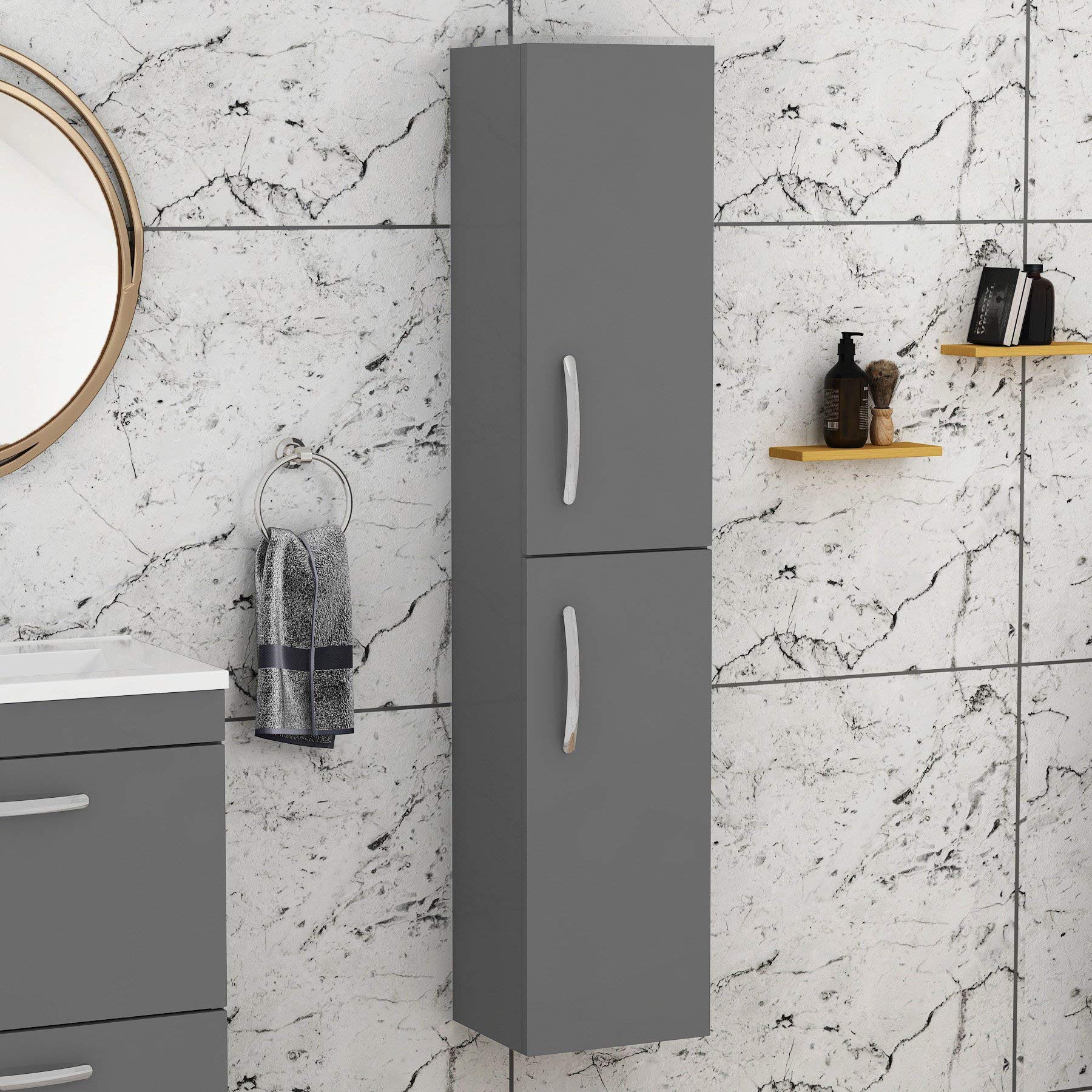 Royal Bathrooms 1450mm Wall Hung 2 Doors Tall Boy Storage Cabinet Unit Bathroom Furniture Set - Indigo Grey Gloss