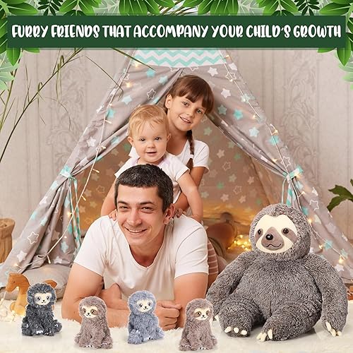 Miniatura 6 de Kasyat 5 piezas de animales de peluche de perezoso gigante de 12.6 pulgadas, mamá perezosa con 4 bebés de peluche en su vientre, lindos juguetes de