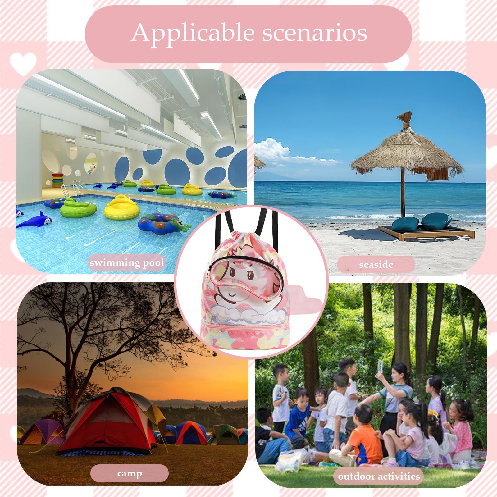 Sac Piscine Enfant avec Cordon, Séparation Sèche et Humide, Sac de Sport Réglable Rose