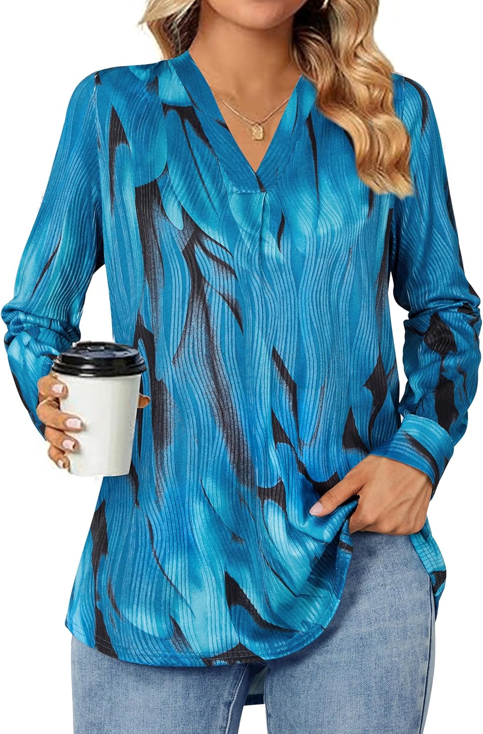 Womens 3 4 Sleeve Blouse Long Sleeve Business Casual Tunic Tops V Neck Work Tops Textured Dressy Casual Shirts