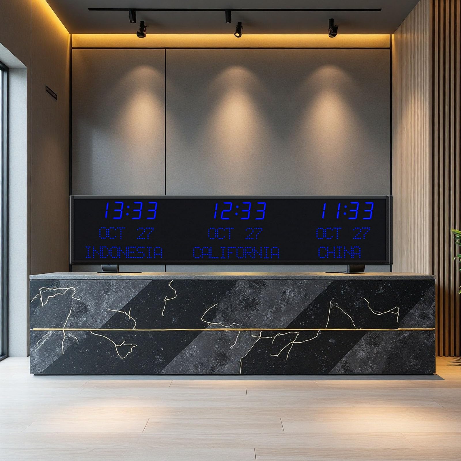 Generico Orologio Da Parete Mondiale Digitale A LED, Orologio Mondiale Con Fusi Orari Di 3 Città, Regolazione Della Luminosità, Con Display A Matrice Di Punti HD, For Scuola/hotel/aeroporti(Blue)