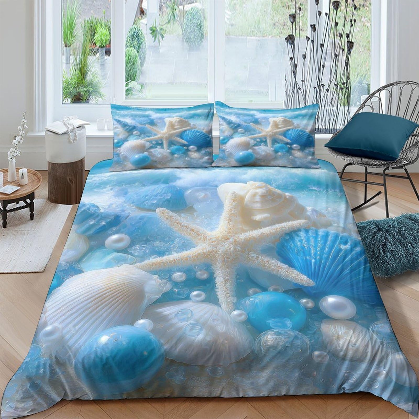 Ctjqhvkz Style-1 3D Printed Ocean Seashell Fitted Sheet Microfiber Soft Starfish Mattress Cover For Bedroom Guest Dorm Decor Single（135X200cm）