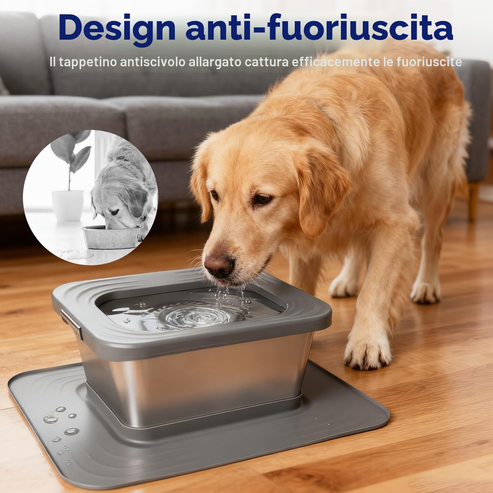 Bostar Ciotola dell'acqua per cani da 10 l, senza sbavare, con tappetino in silicone XXL, filtro di ricambio, in acciaio inox, per cani di taglia media/grande, lavabile in lavastoviglie
