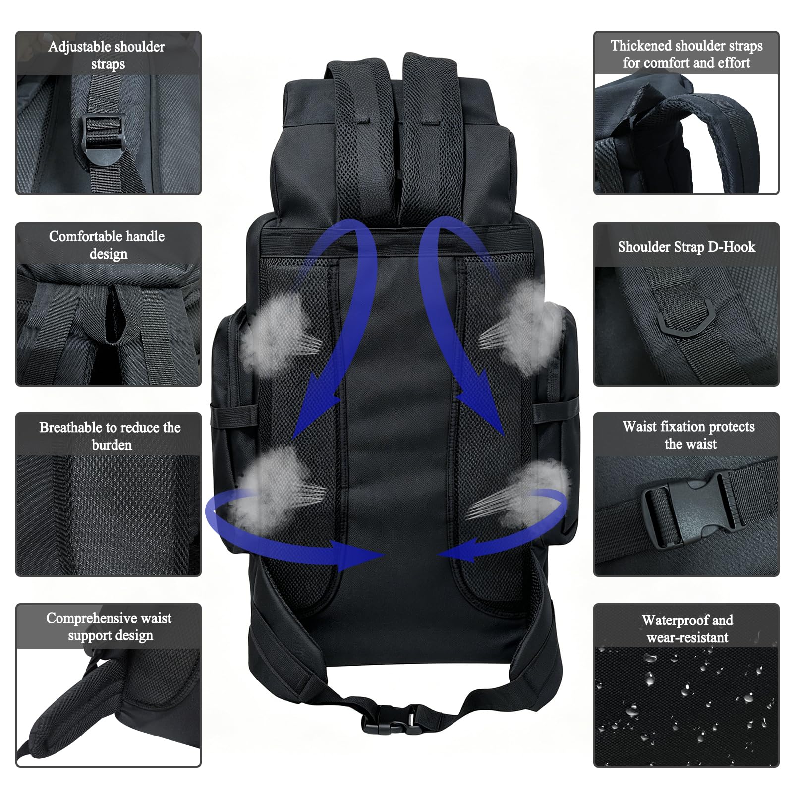 80L Wanderrucksack Campingrucksack, 80 Liter Großes Fassungsvermögen Outdoor-Rucksack Reiseklettern Bergsteigen Handgepäcktasche, Trekkingrucksack für Herren Damen, Schwarz