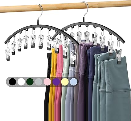 Legging Organizer for Closet, Metal Yoga Pants Hangers 2 Pack w/10 Clips Holds 20 Leggings, Space Saving Hanging Closet Organizer w/Rubber Coated Closet Organizers and Storage, Black