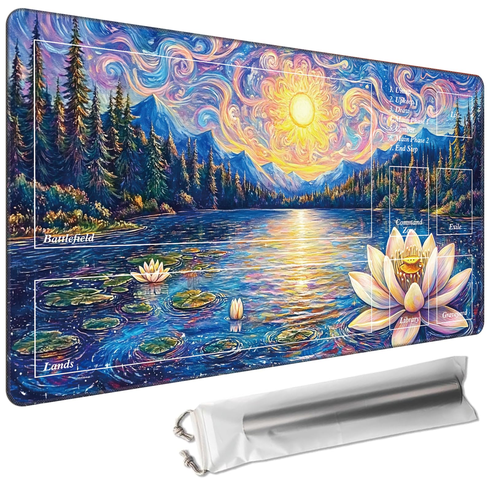 Cdkfxjy Playmats with Magic Zone 27.5 x 15.7in(TCG MTG,Free Storage Bags,Waterproof Non-Slip Rubber Backing,Stitched Edges,Suitable for Beginner)-Lotus Lake