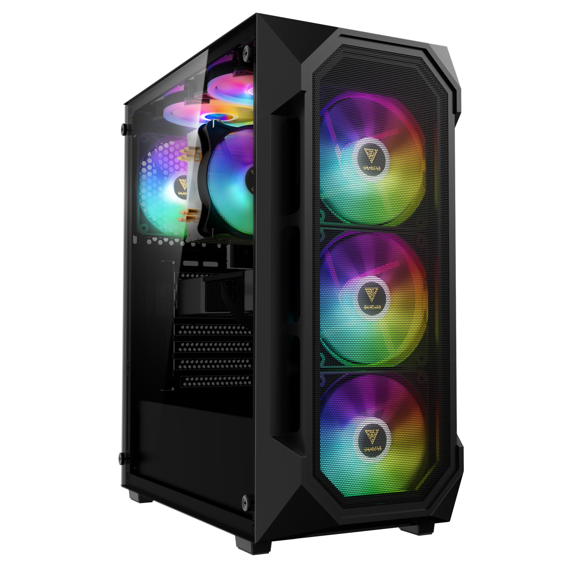 GAMDIAS Aura GC1 Elite ARGB ATX Boîtier PC Mid Tower Ventilateur 4 x 120 ARGB Panneau Avant en Maille Haute Circulation d'air Panneau latéral en Verre trempé Installation sans Outils Noir