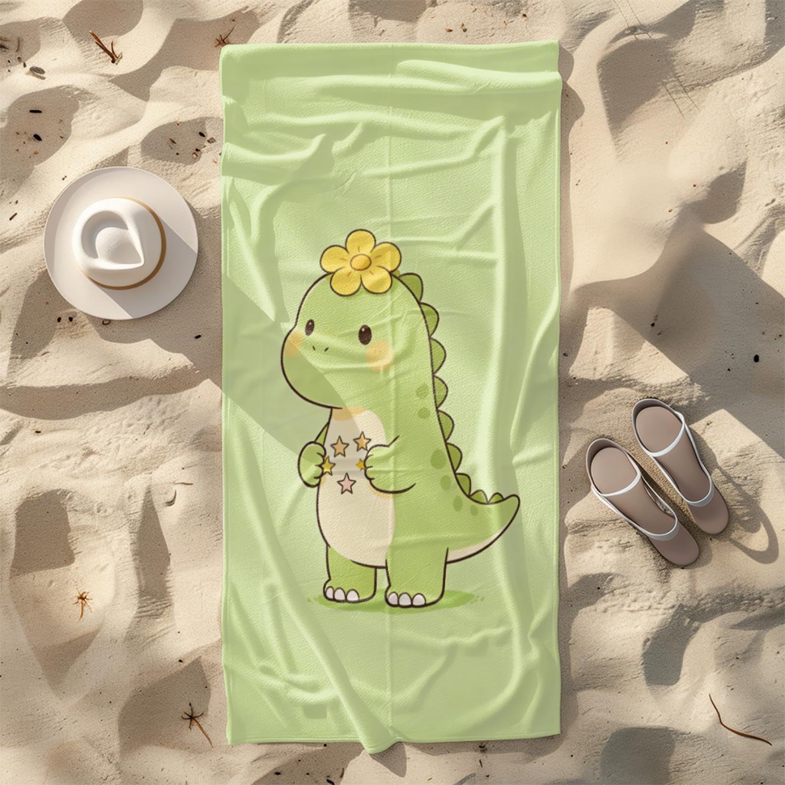 Fouta PlageÉtoile du Dinosaure Vert Modèle Surdimensionné avec Diverses Tailles, Respirante et Portable, Parfaite pour Voyages Sorties Piscine et Usage Extérieur Quotidien 90x160 cm