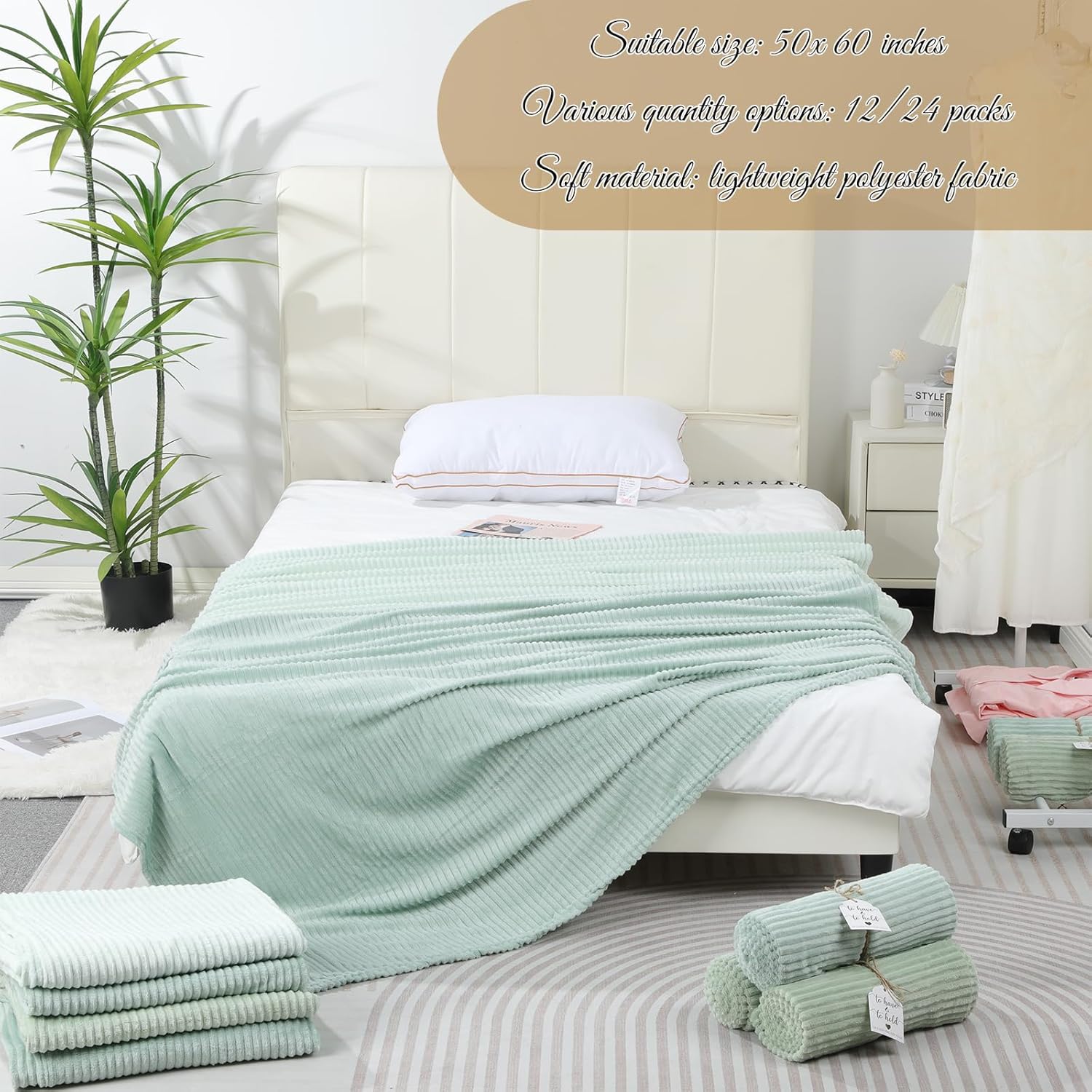 24 Pcs Sage Green Wedding Flannel Throw Blanket Bulk 50 x 60 Inch with to Have to Hold Card Striped Ribbed Soft Throw Blanket Lightweight Blankets for All Seasons Wedding Gifts Sofa Room(Sage Green) - Image 5