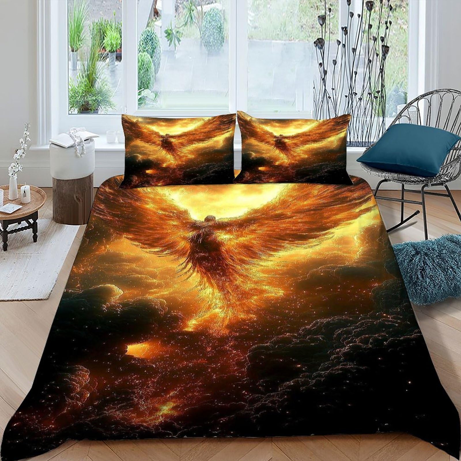 Fire Phoenix Bedding Set 3D Digital Printing Gothic Theme Duvet Cover Set 3 Pieces Chic Breathable for Boys & Girls Bed Set Pillowcase King（220x240cm）