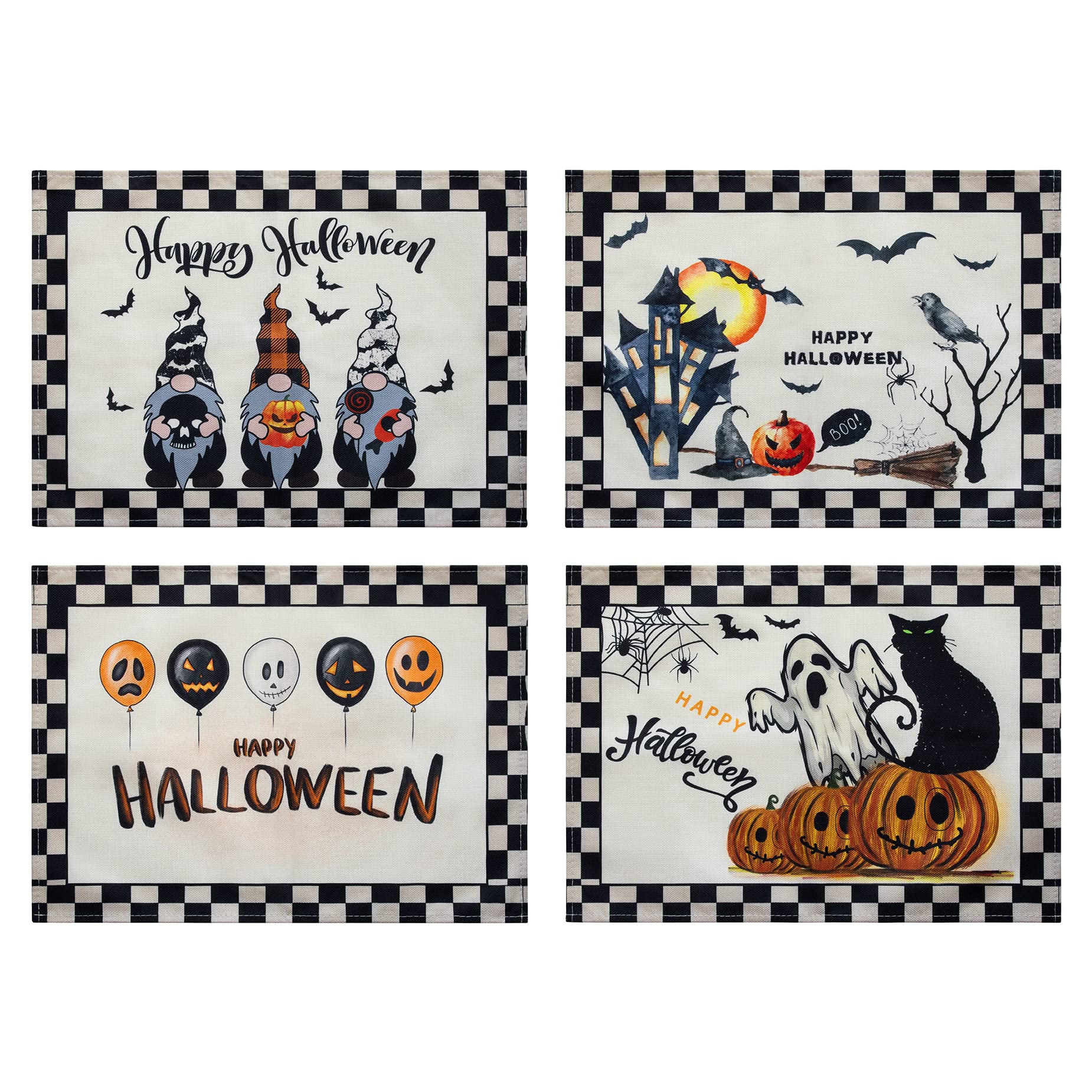 Halloween Placemats Set of 4, 12.6 x 16.5 inches Linen Halloween Place Mat for Dining Table Pumpkins Gnomes Ghost Bats Patterns Mats, for Kitchen Home Holiday Decor (Style 1)