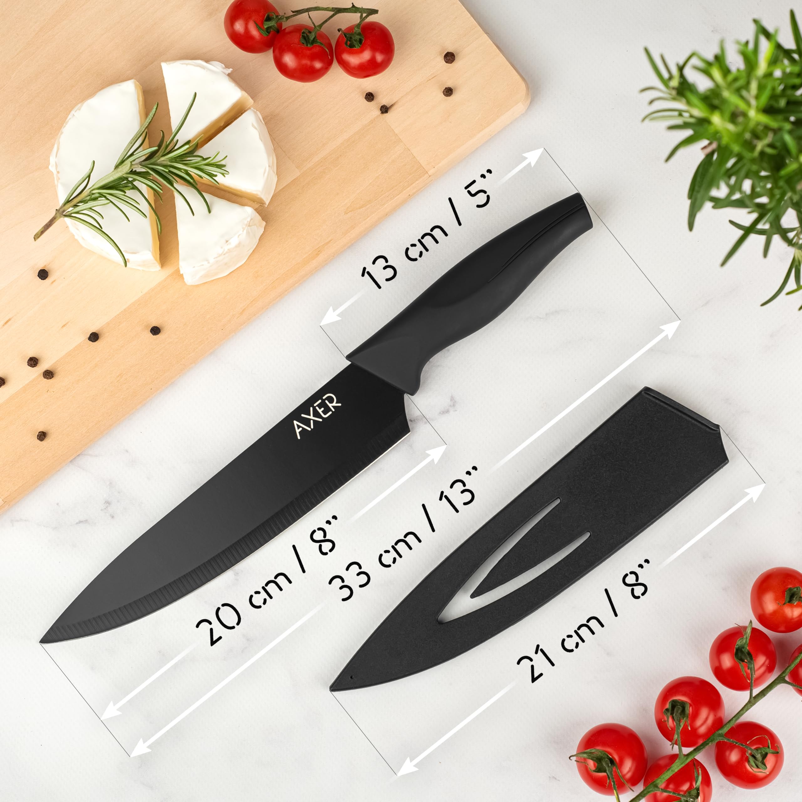 Axer Nóż szefa kuchni 20 cm – ostry nóż kuchenny z osłoną ostrza – czarny nóż szefa kuchni – ostry nóż szefa kuchni – nóż ze stali węglowej z pochwą