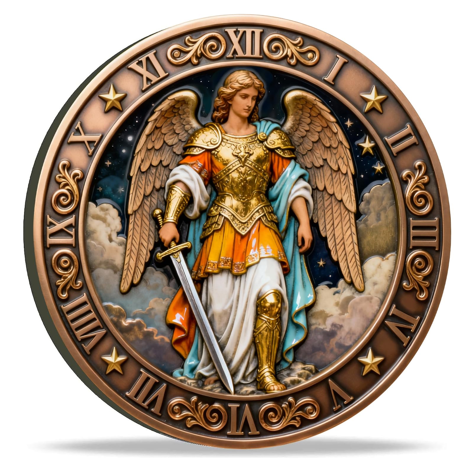 Moneda de protección del arcángel de San Miguel, moneda de ángel de la guarda con oración de San Miguel, moneda religiosa cristiana con funda protectora transparente, acabado antiguo