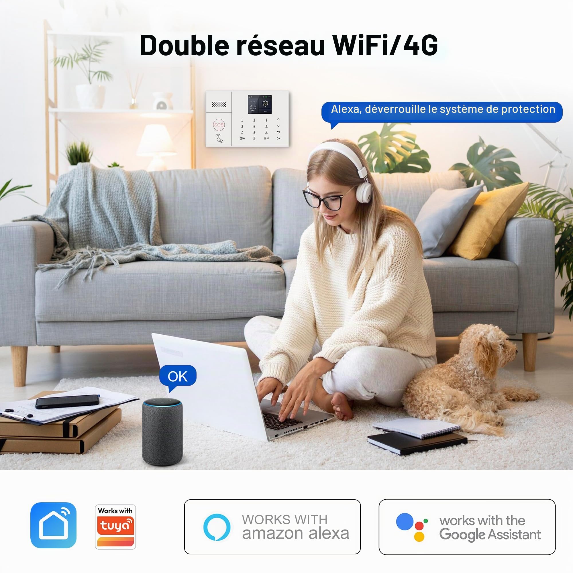 Système d'alarme Domestique Wi-FI écran Tactile, Commande par Application, kit sécurité 13 Composants avec détecteur de Mouvement, capteur de Porte, télécommande et sirène (21kit)