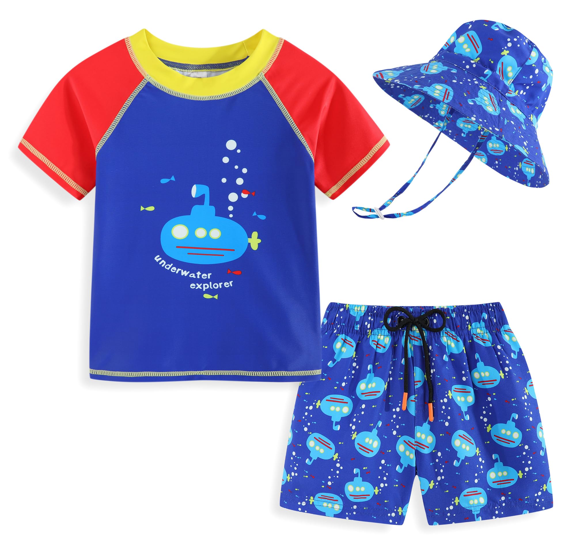 Toddlers Baby Boys' 3-Piece Swimsuit Trunk Rashguard Set and Sun Hat Swimwear Bathing Suit UPF 50+