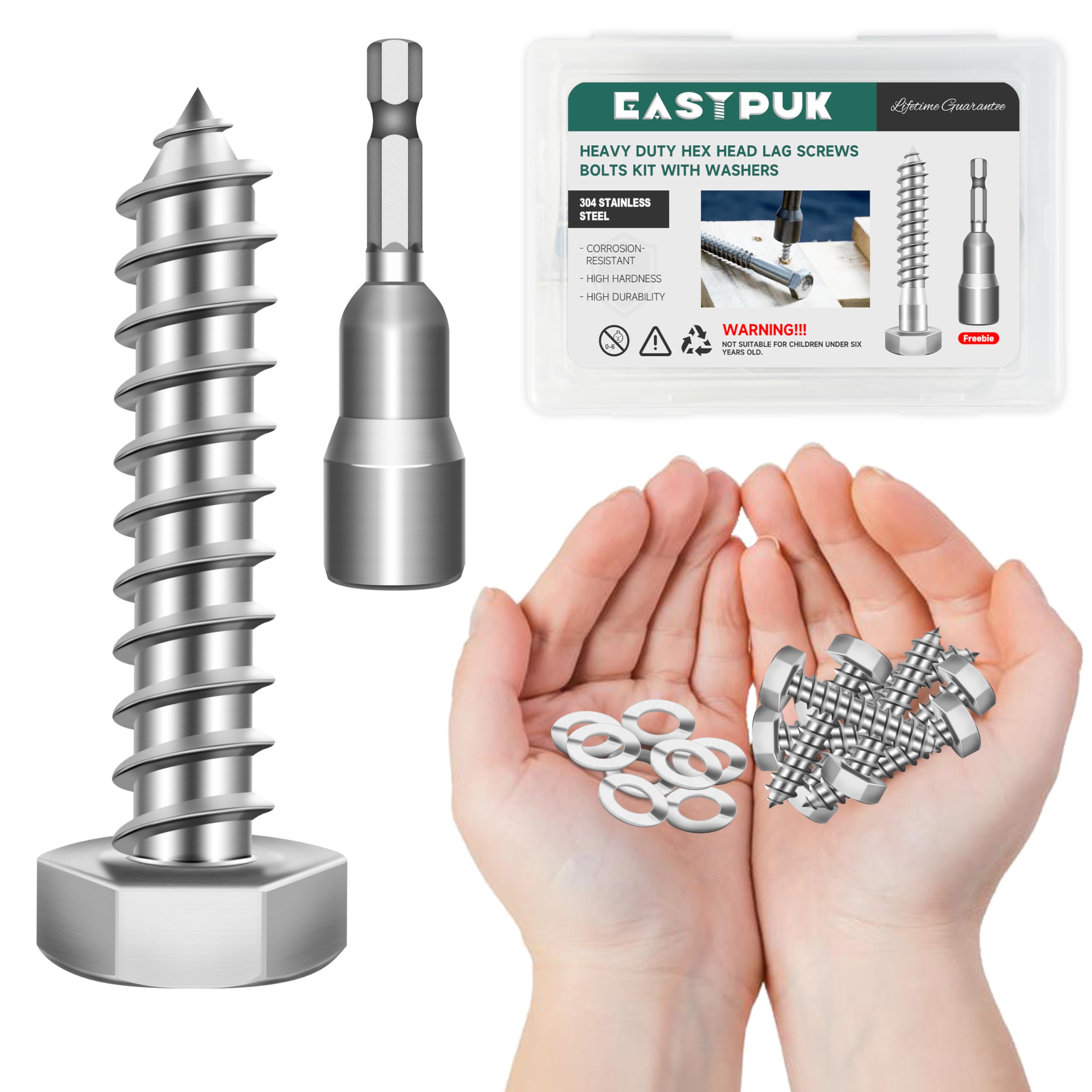 Stainless Steel Lag Screws - 8 Pack, 3/8" x 4" -18