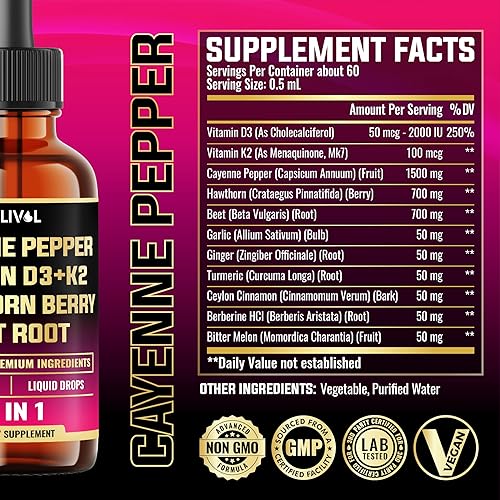 Miniatura 2 de Gotas líquidas de pimienta de cayena 11 en 1 con bayas de espino, vitamina D3, K2, berberina, melón amargo, cúrcuma y más - para apoyo cardíaco e
