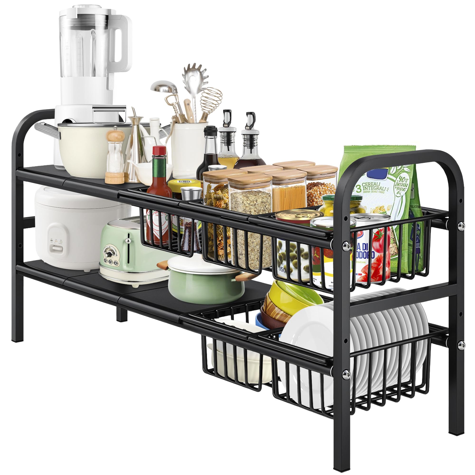 AKOZLIN 2 Tier Extendable Under Sink Organiser, Width 53-88cm x Depth 24.7cm x Height 48.5cm, Under Sink Storage with 5 Shelves & 5 Baskets, Easy Assembly, Black